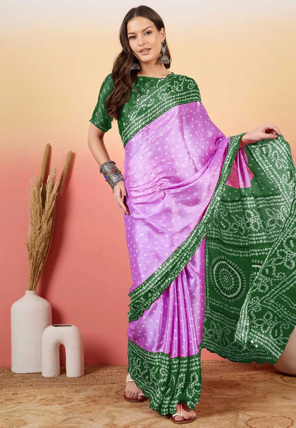 Green Silk Bandhani Print Saree 304733