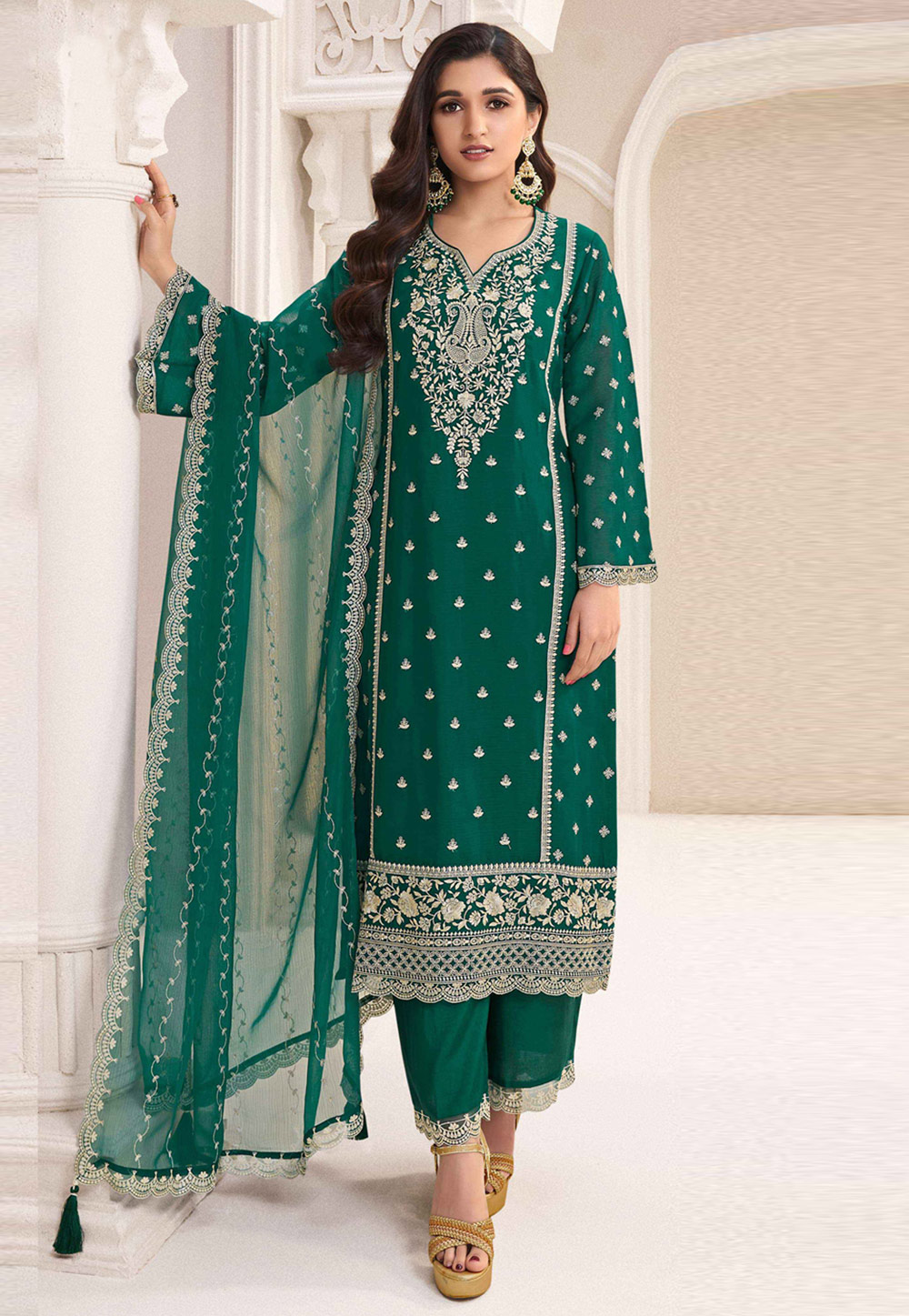 Green Silk Chiffon Straight Suit 306877