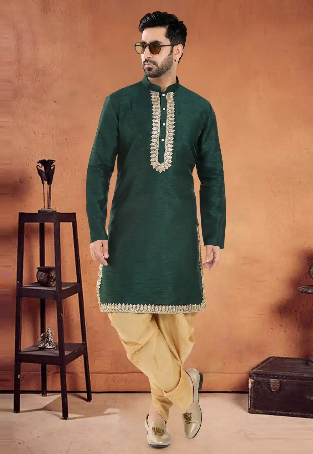 Green Silk Dhoti Kurta 290591