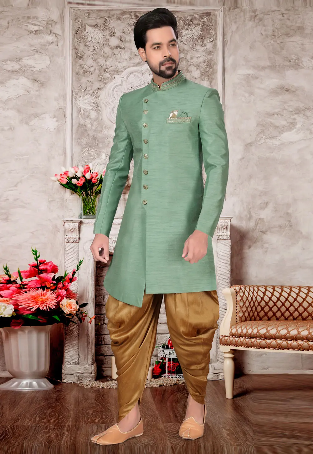 Green Silk Dhoti Sherwani 302964