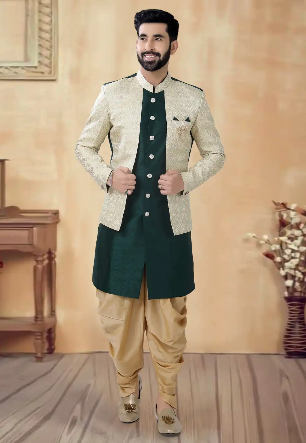 Green Silk Dhoti Sherwani 292422