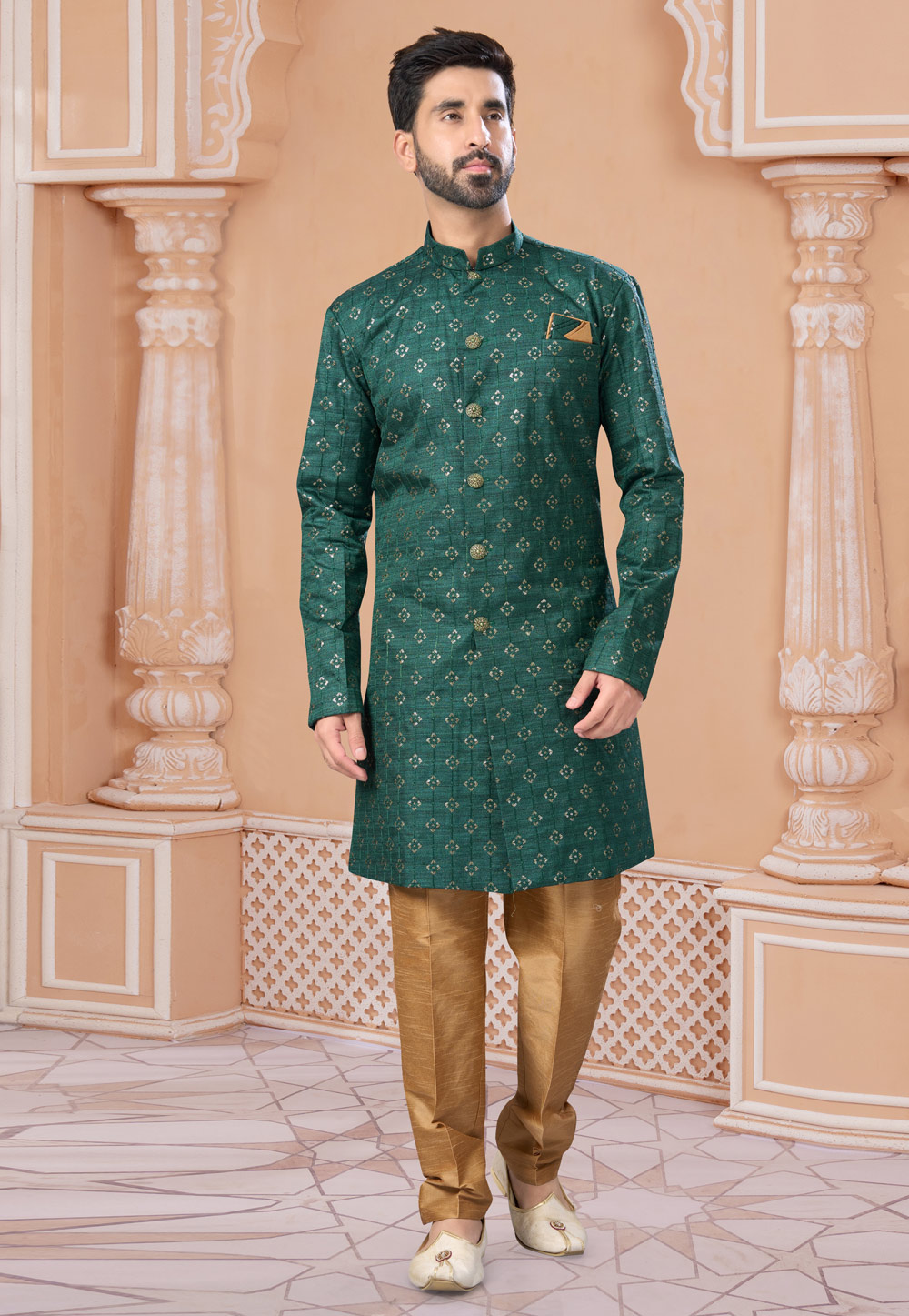 Green Silk Indo Western Sherwani 282229