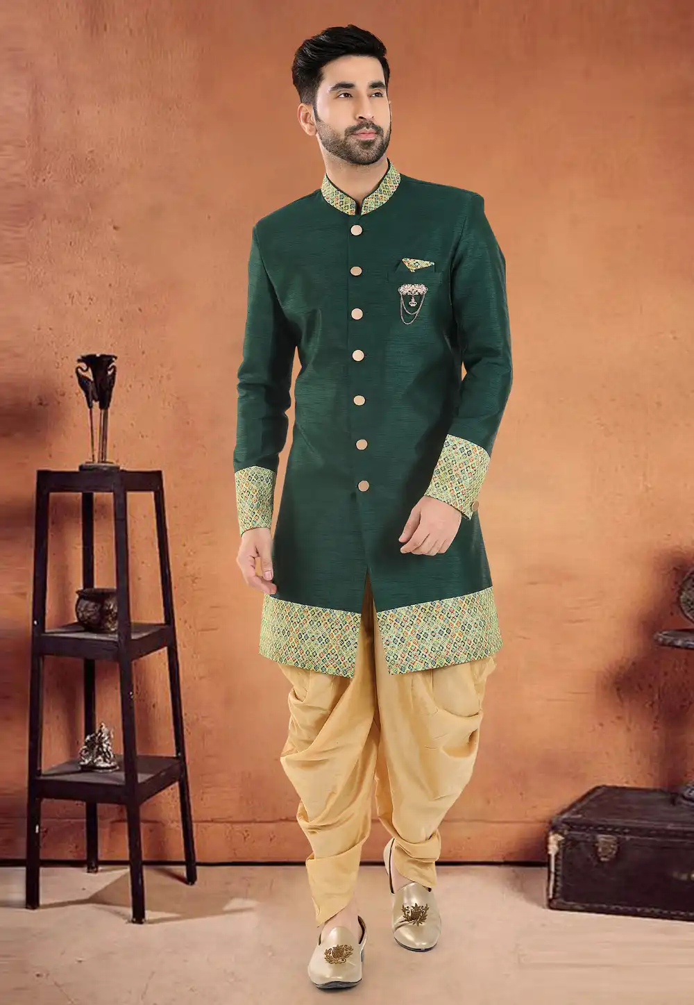 Green Silk Indo Western Suit 290592