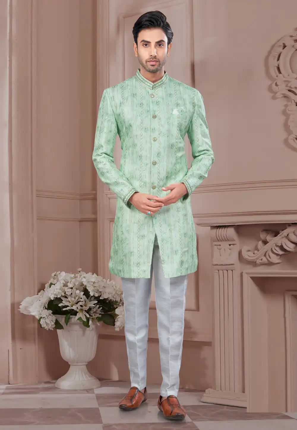 Green Silk Indo Western Suit 294544