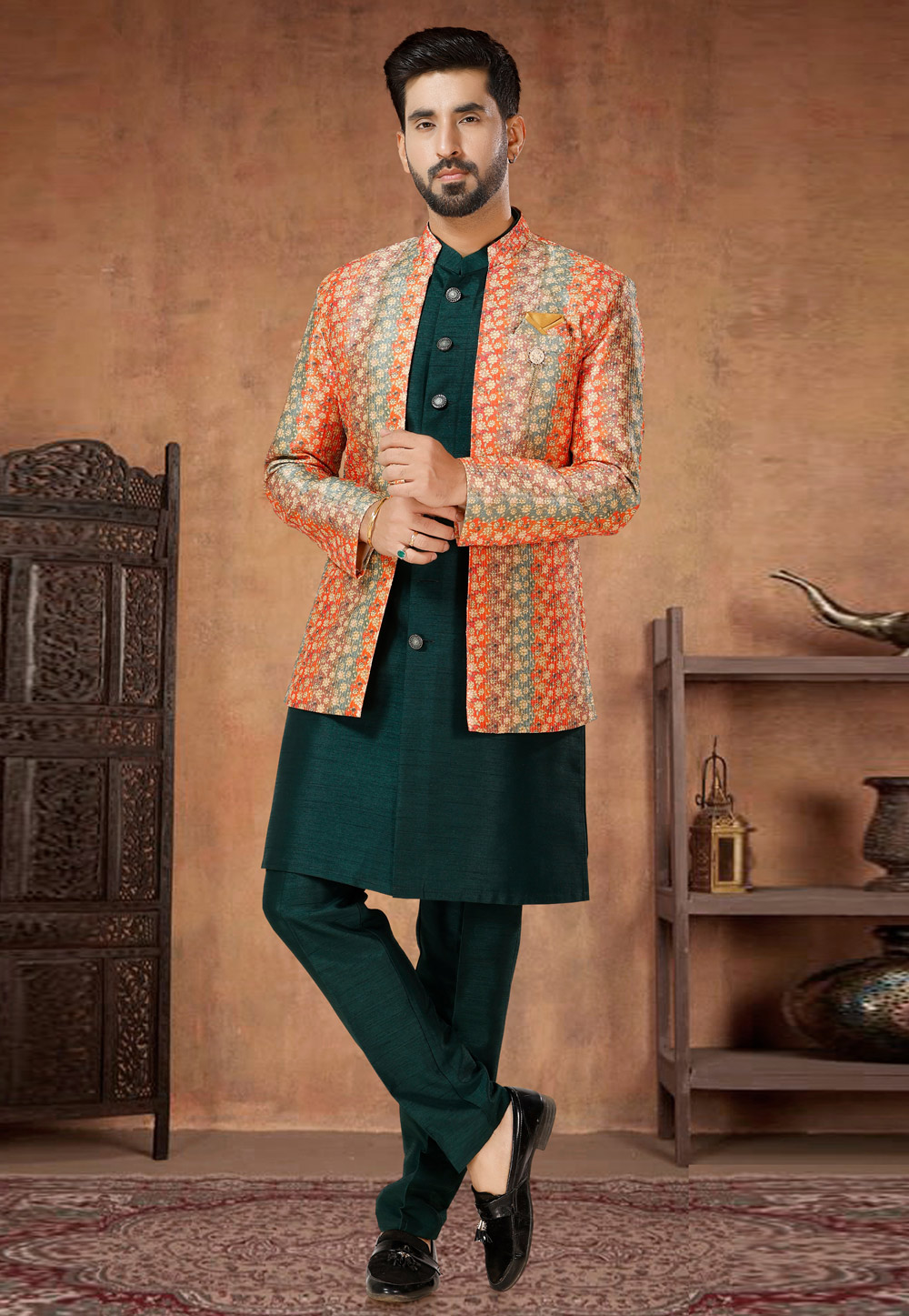 Green Silk Indo Western Suit 282983