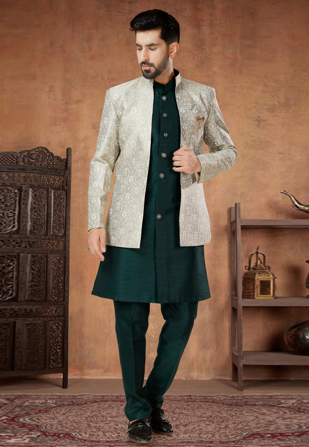 Green Silk Indo Western Suit 282984