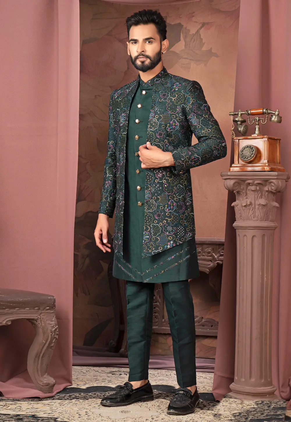 Green Silk Jacket Style Sherwani 302458