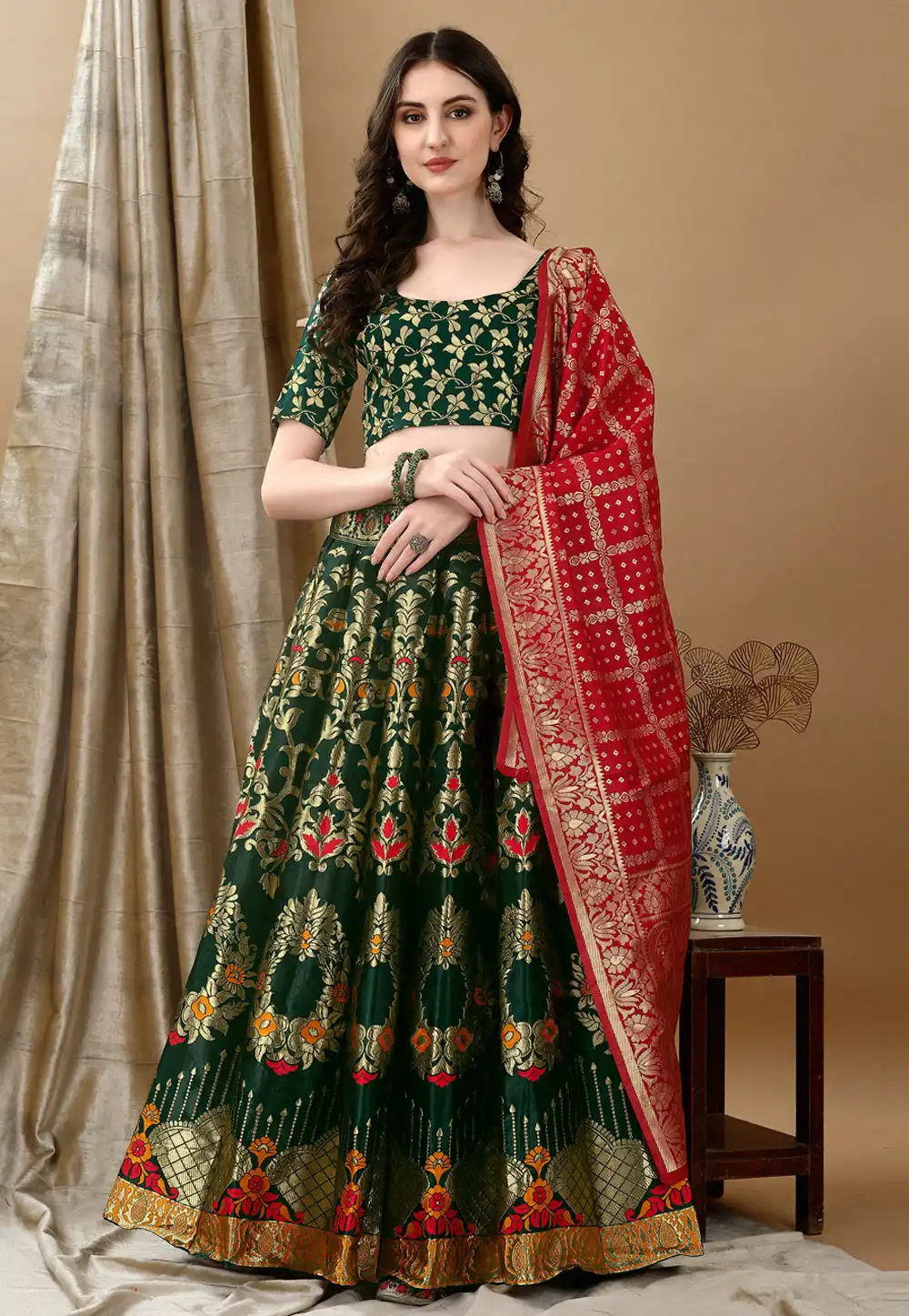 Green Silk Jacquard A Line Lehenga Choli 290469