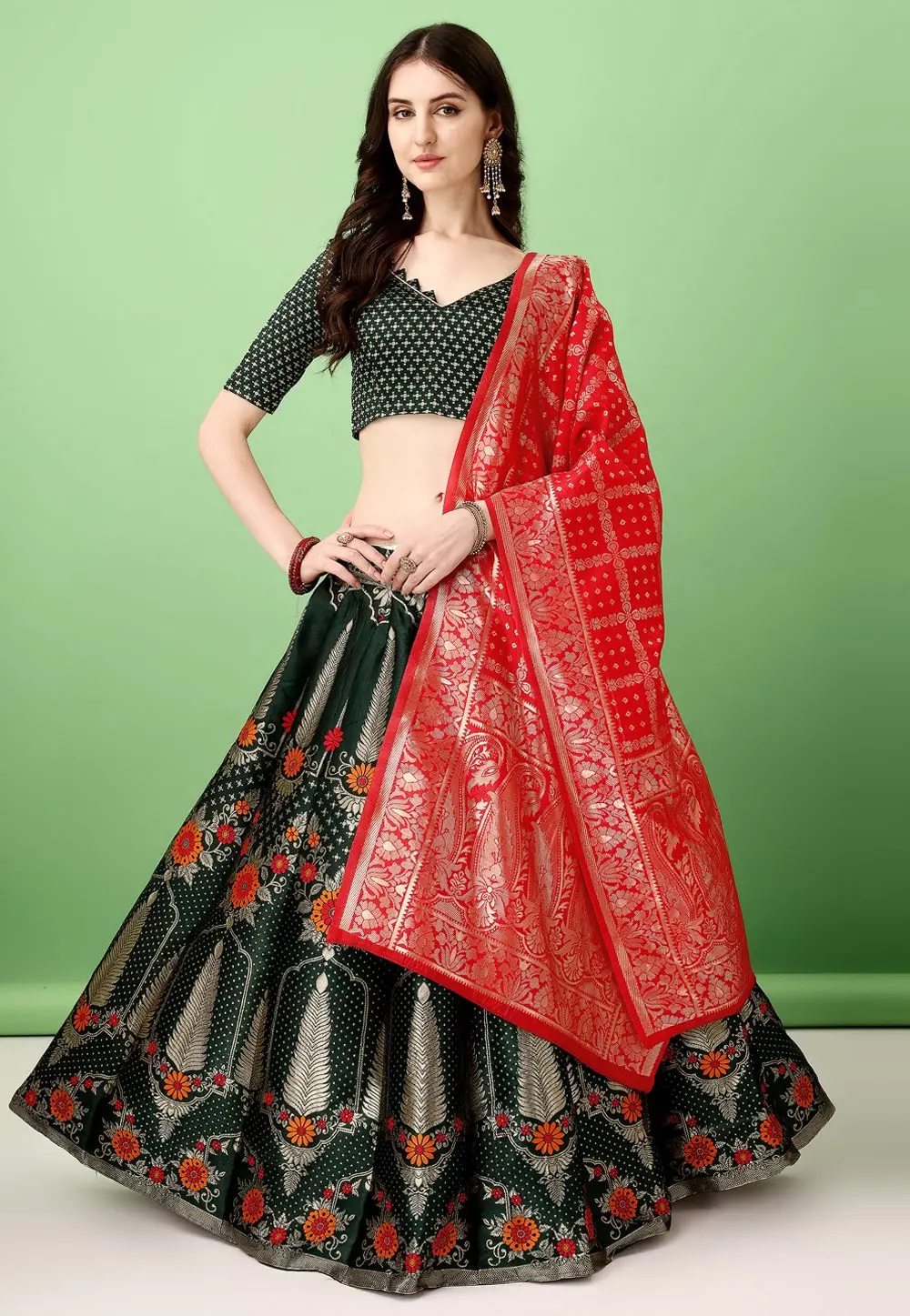 Green Silk Jacquard Circular Lehenga Choli 297419