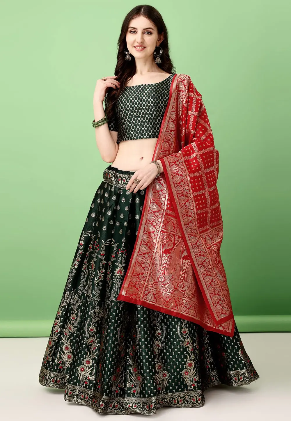 Green Silk Jacquard Circular Lehenga Choli 297425