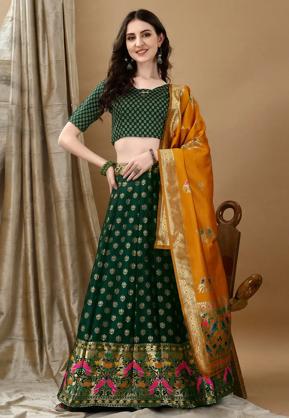 Green Silk Jacquard Lehenga Choli 290456