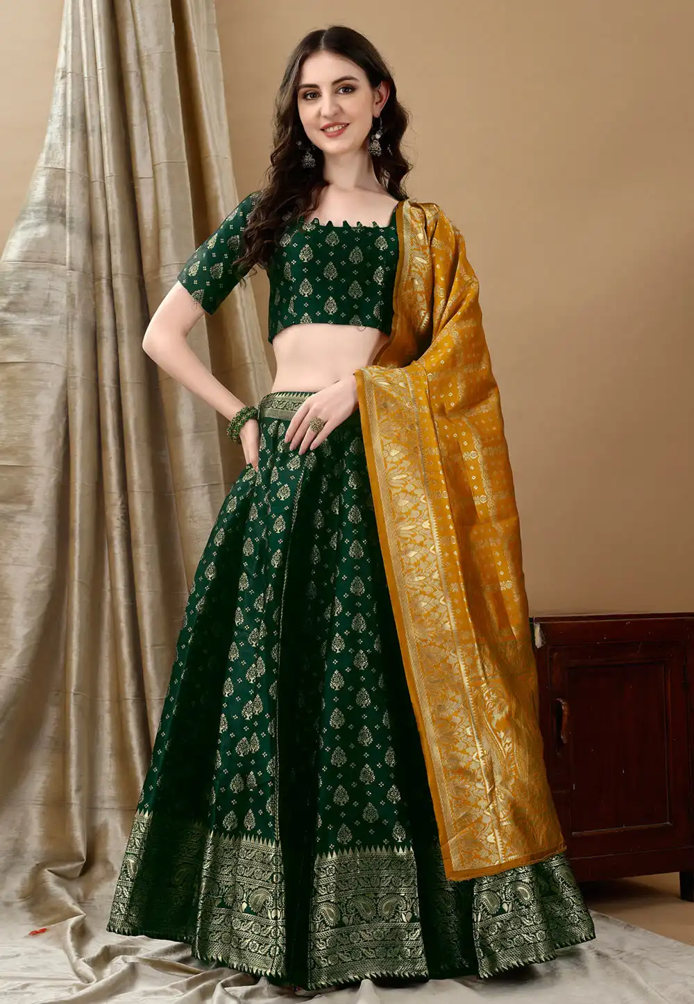 Green Silk Jacquard Lehenga Choli 290462