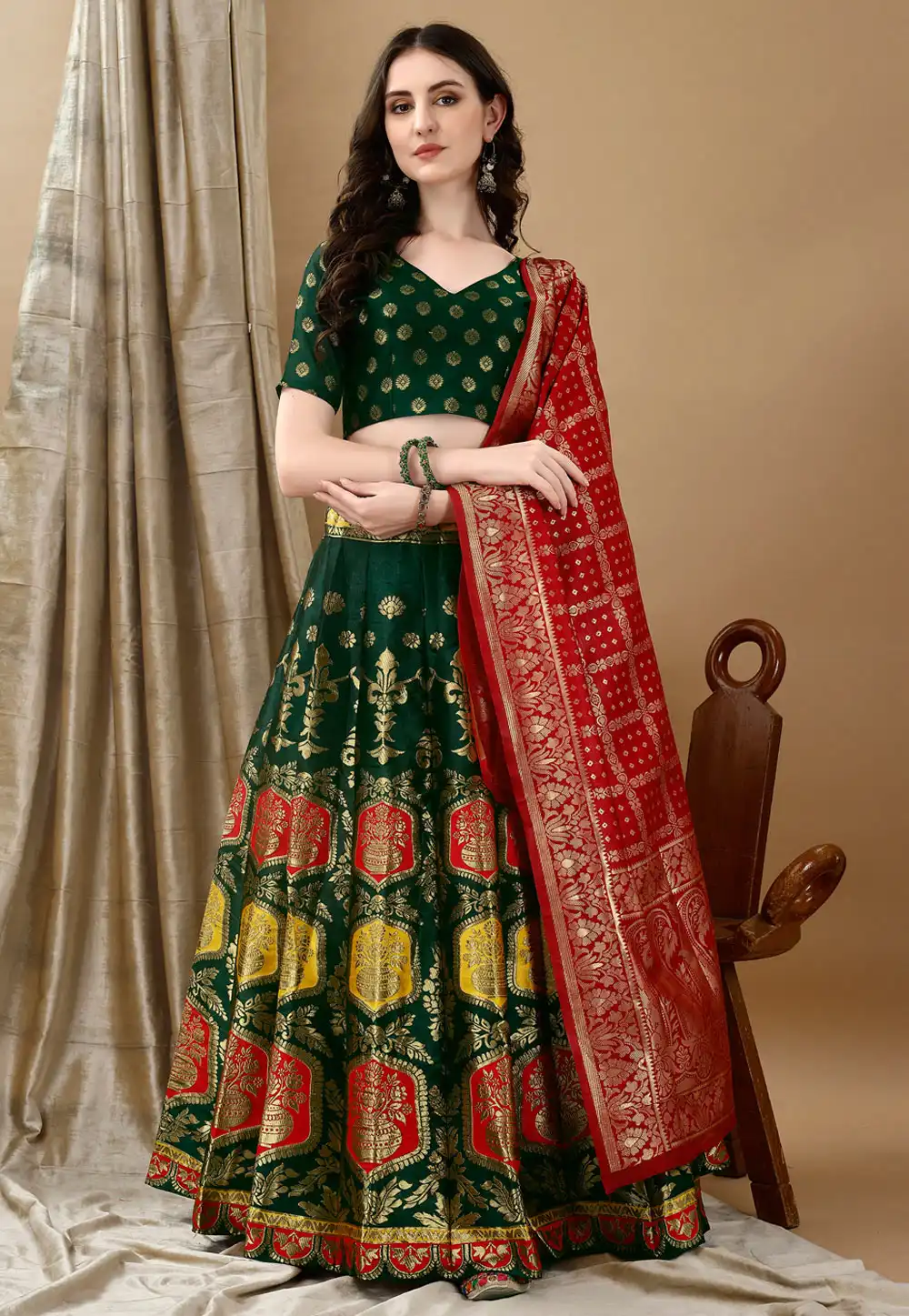 Green Silk Jacquard Lehenga Choli 290472