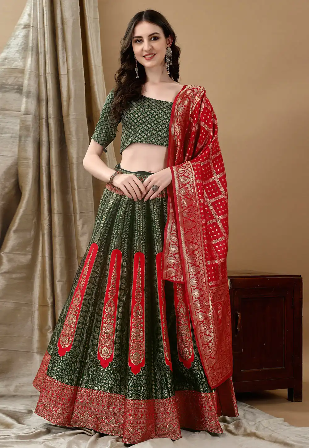 Green Silk Jacquard Lehenga Choli 290478