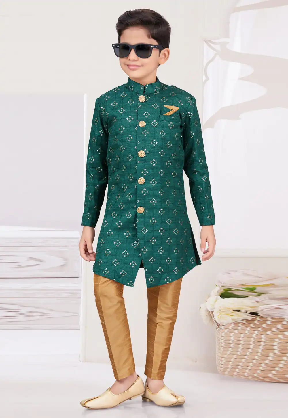 Green Silk Kids Indo Western Sherwani 294955