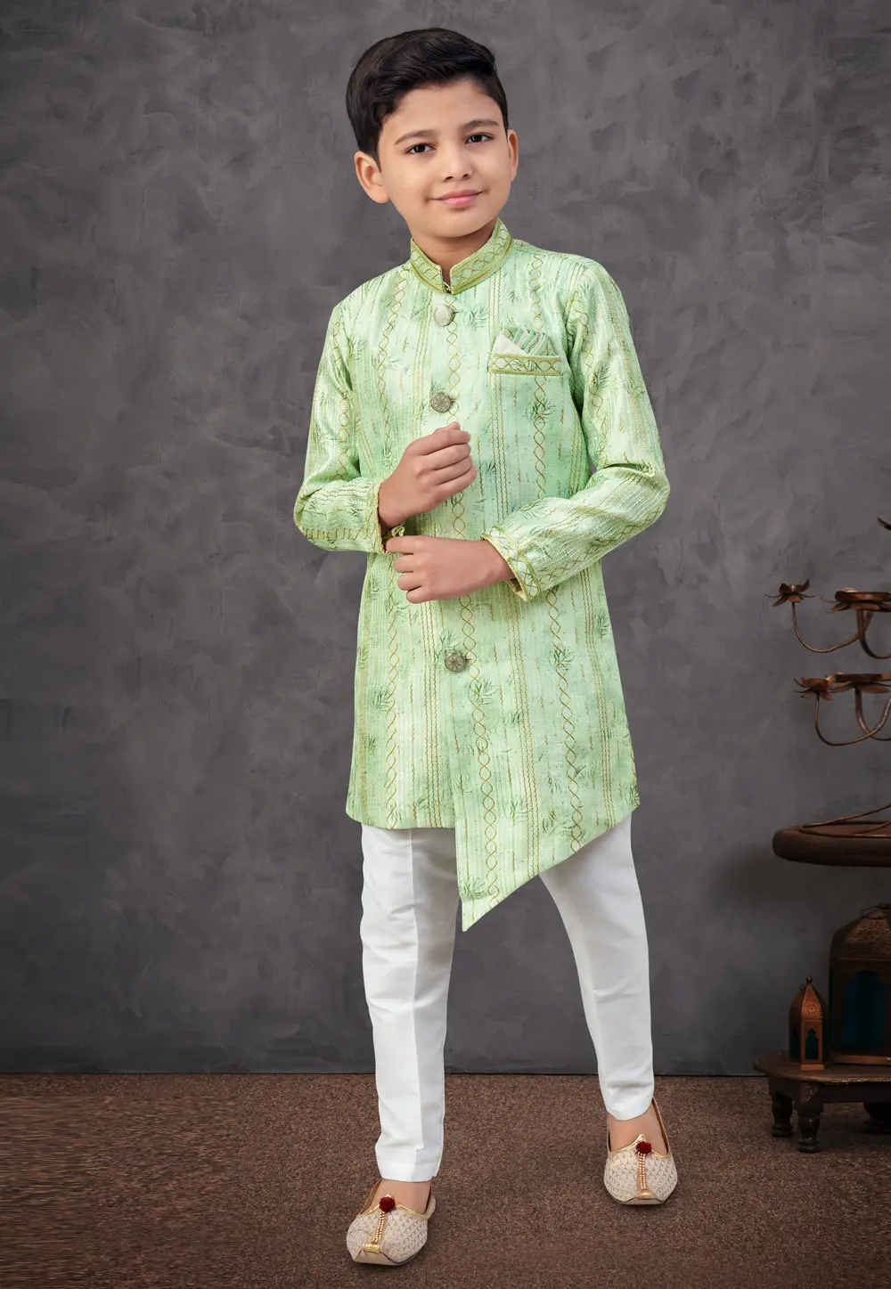 Green Silk Kids Indo Western Sherwani 303780