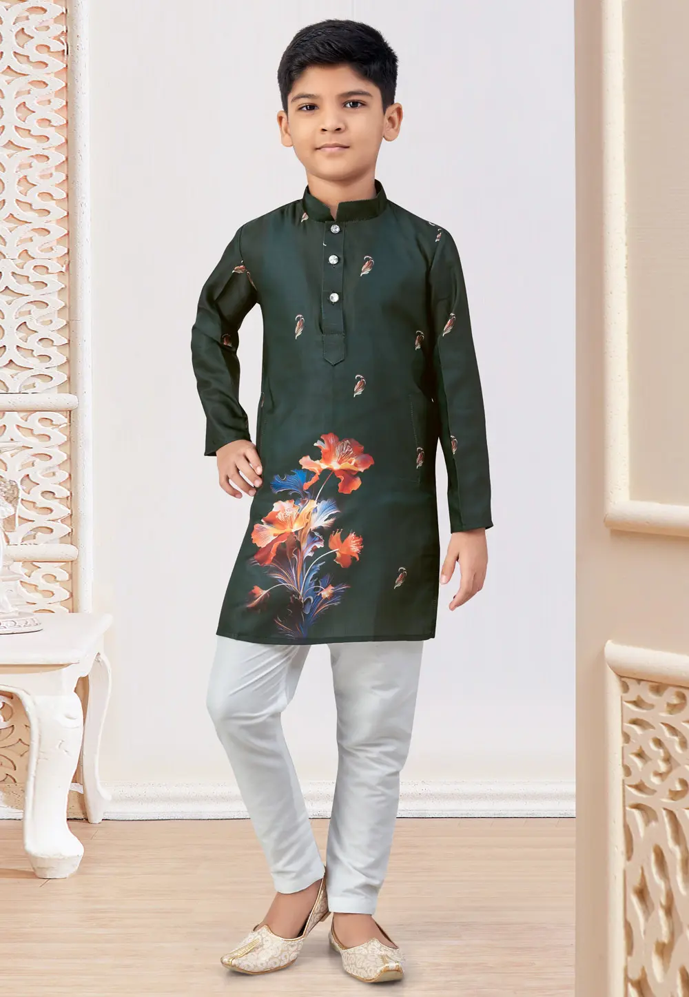 Green Silk Kids Kurta Pajama 303822