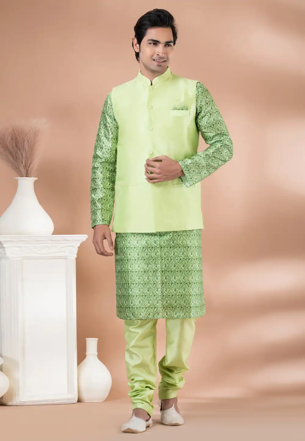 Green Silk Kurta Pajama With Jacket 288692