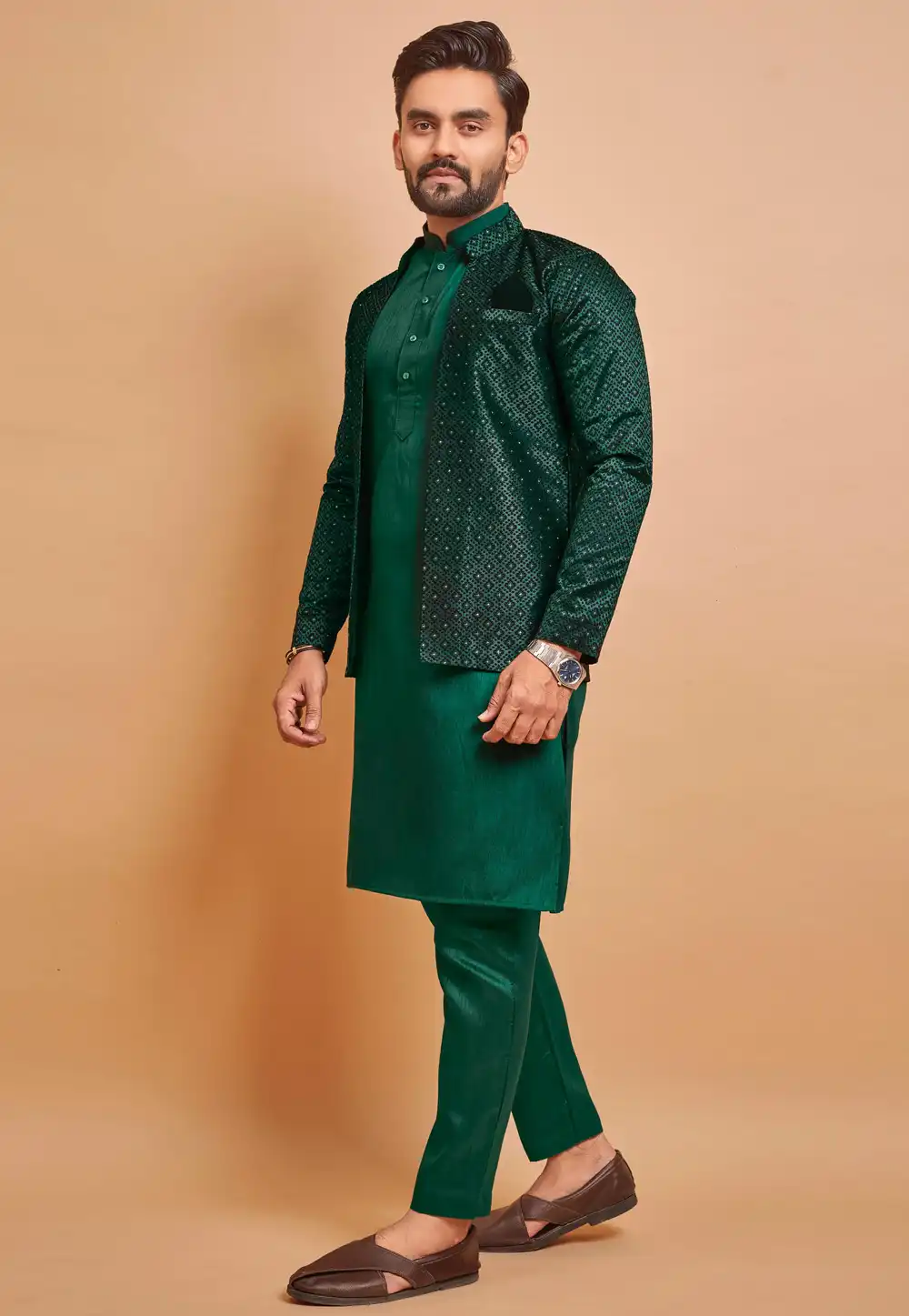 Green Silk Kurta Pajama With Jacket 293793