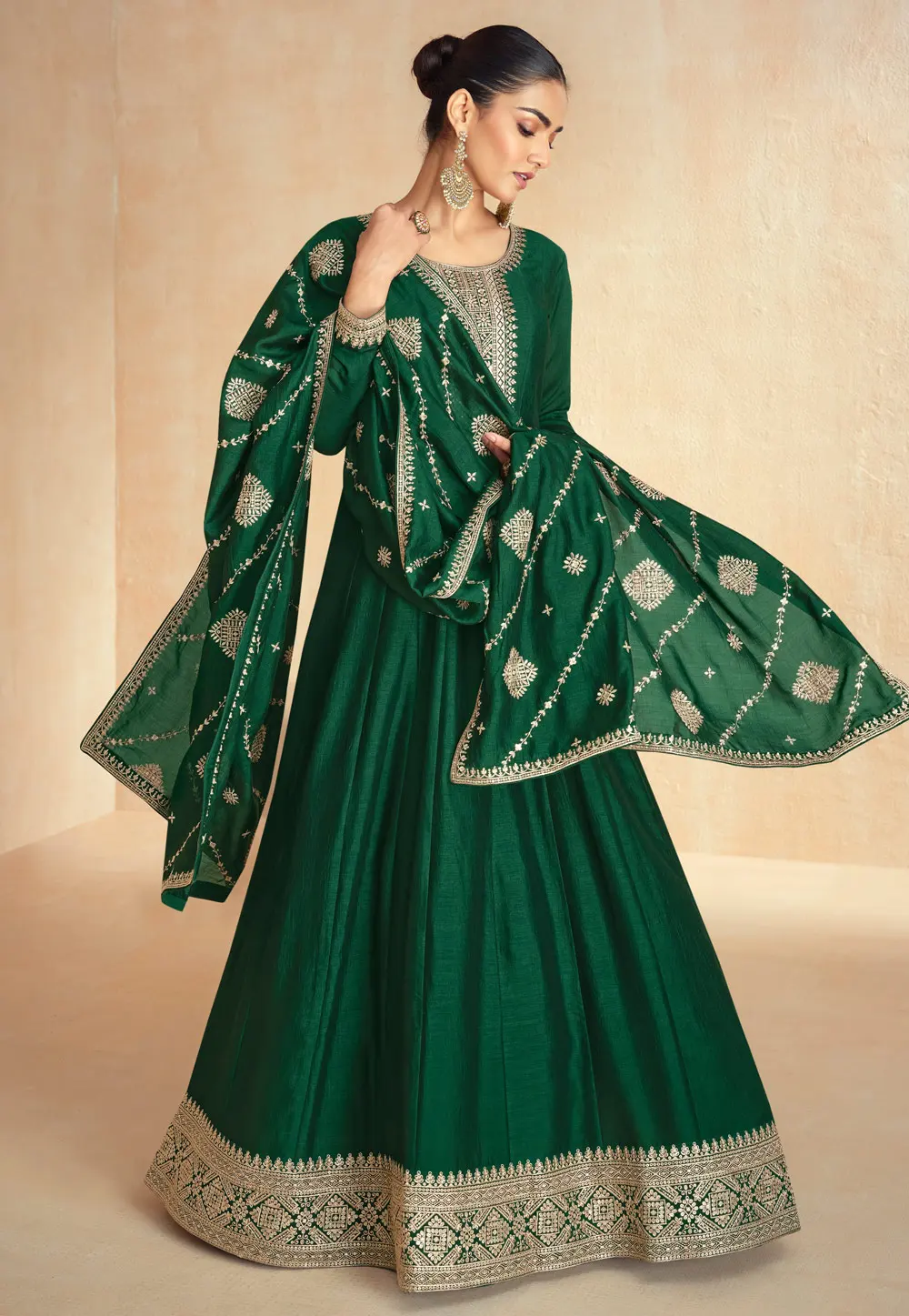 Green Silk Long Anarkali Suit 297323