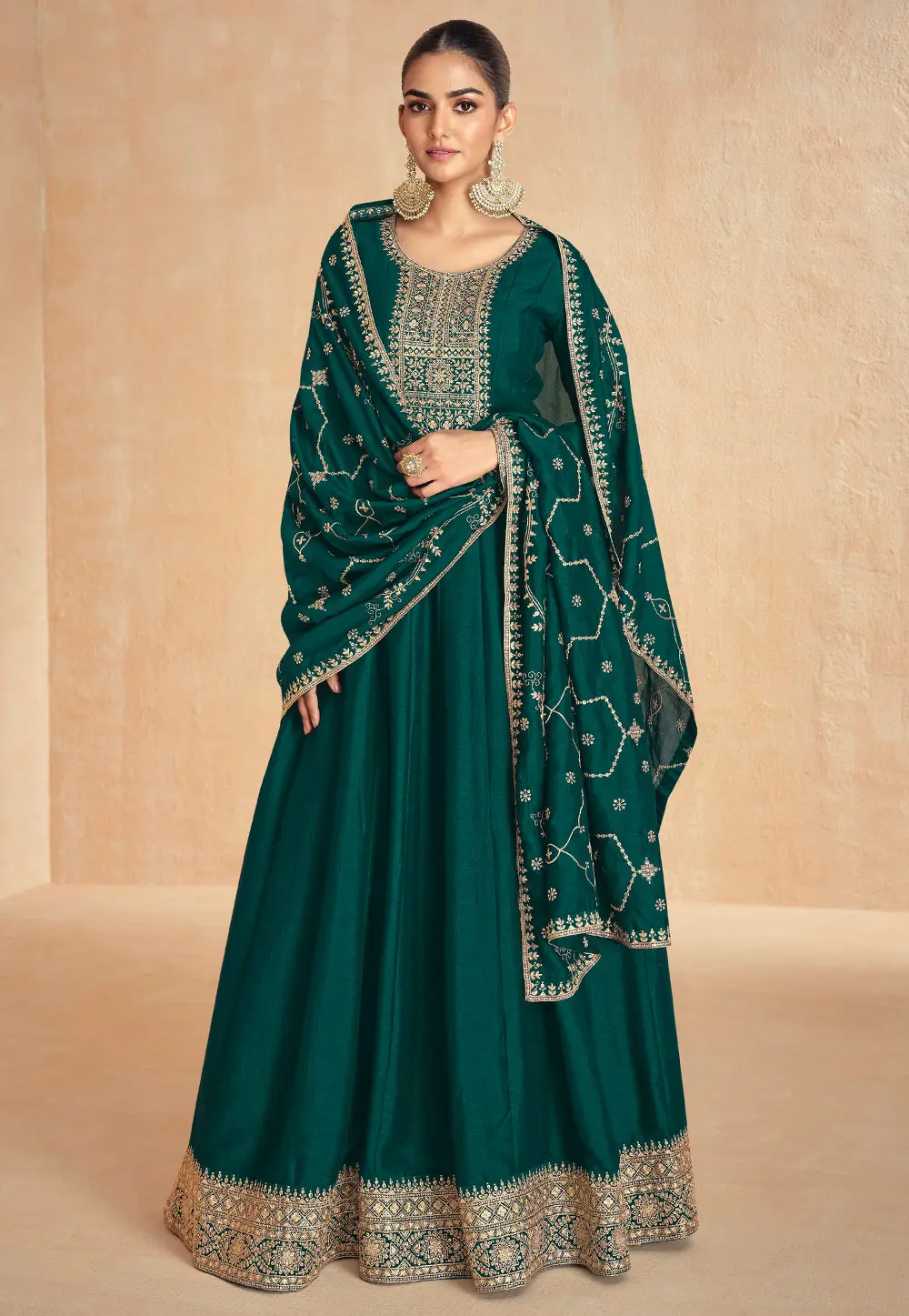 Green Silk Long Anarkali Suit 303343