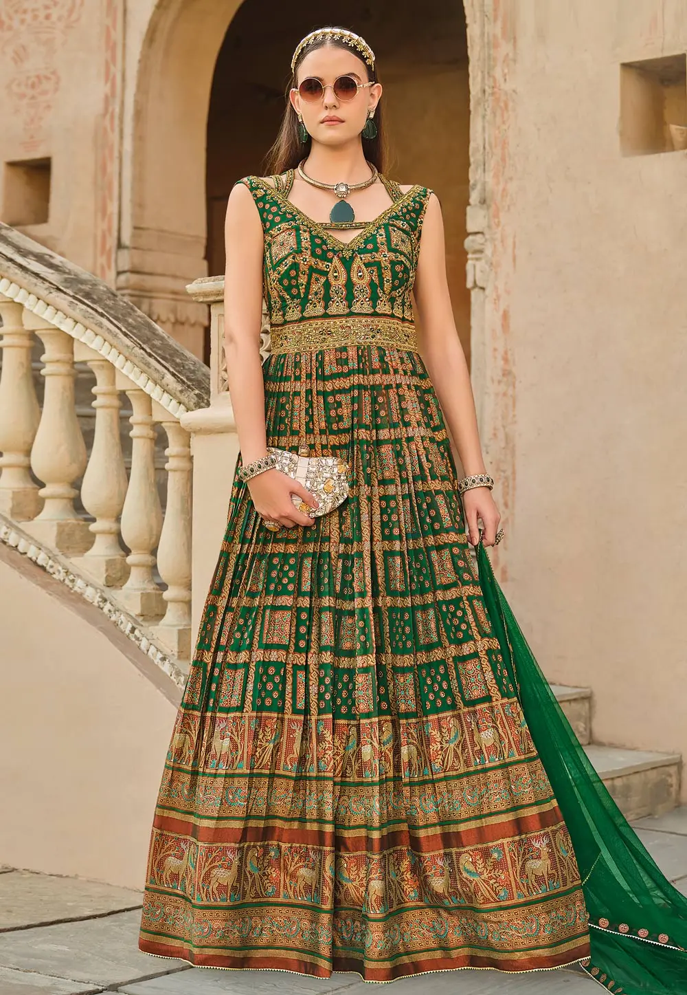 Green Silk Long Anarkali Suit 303546