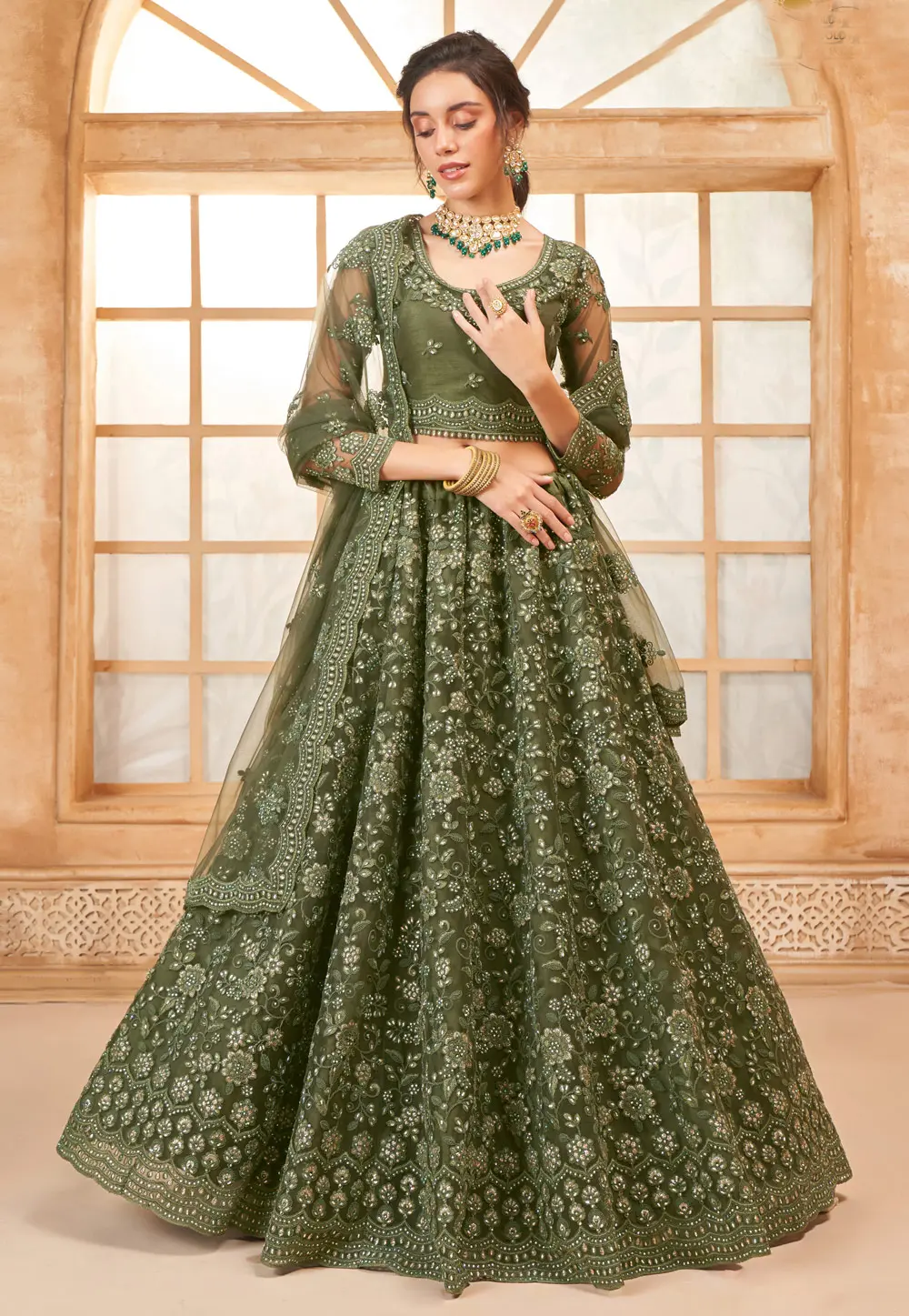 Green Silk Net Lehenga Choli For Wedding 297585