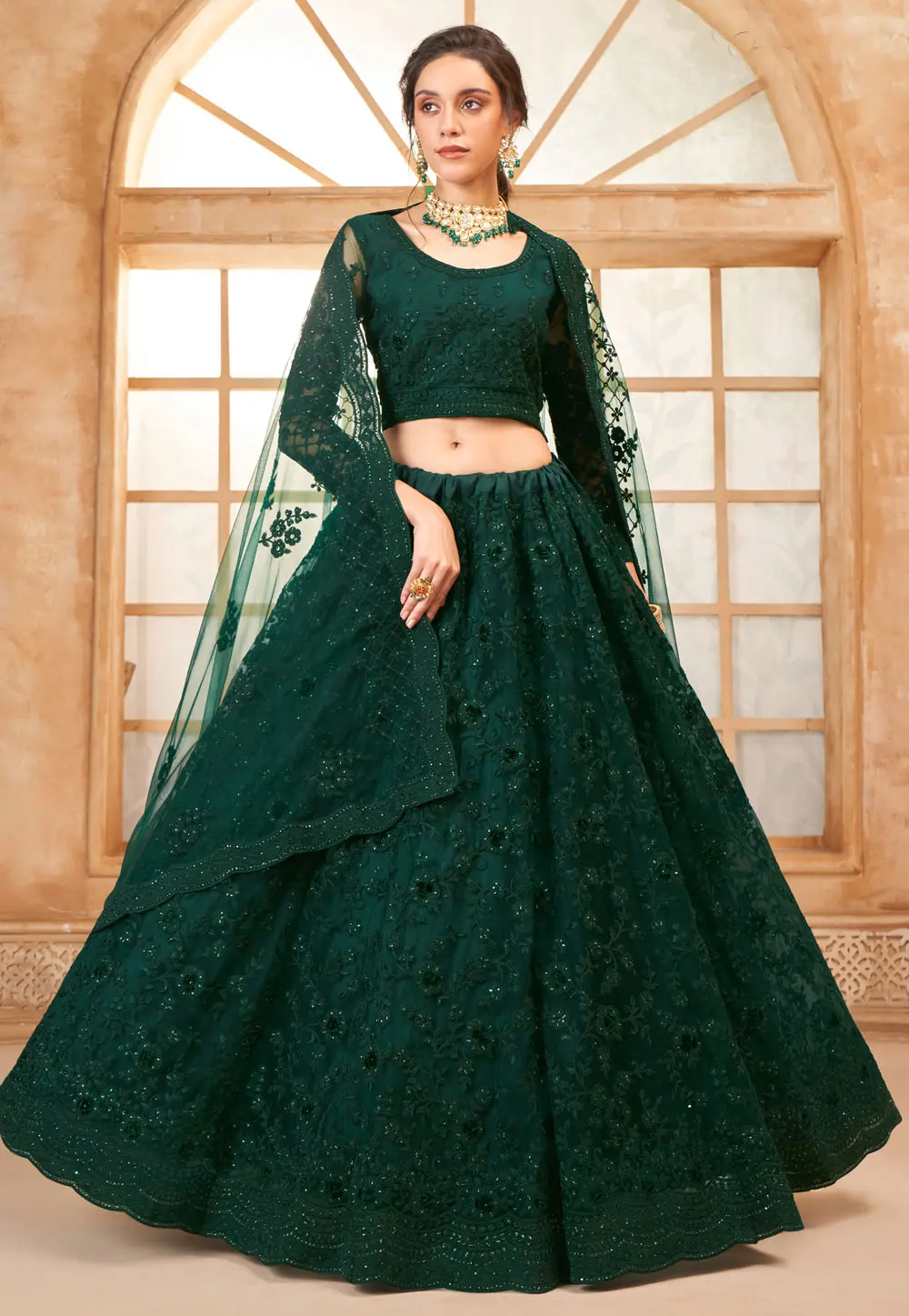 Green Silk Net Wedding Lehenga Choli 297594