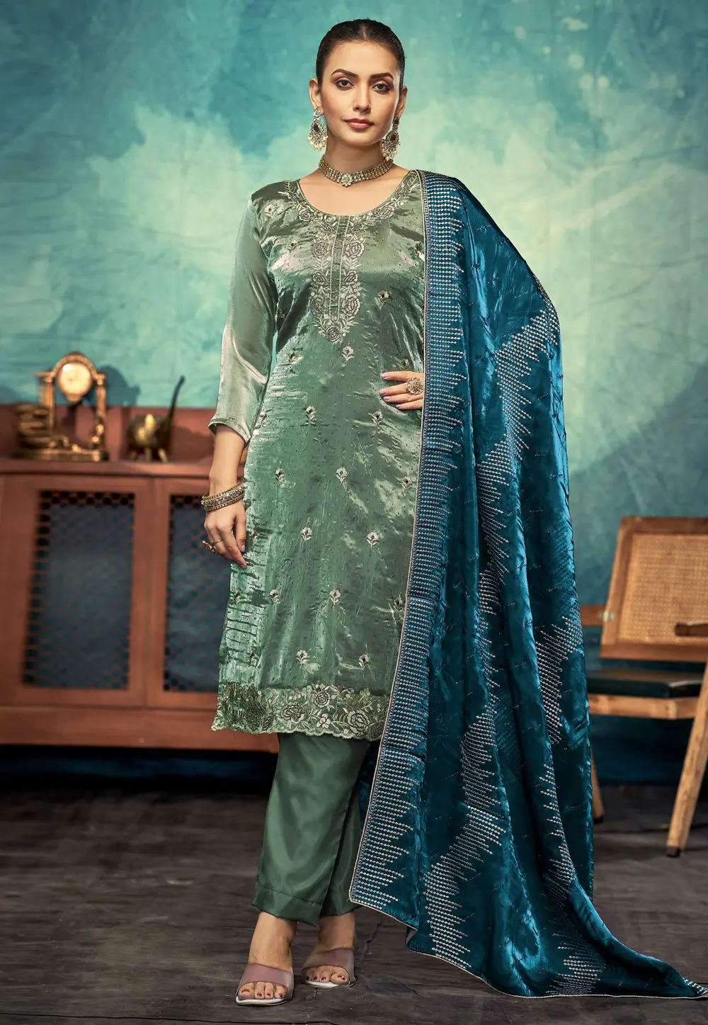 Green Silk Pakistani Suit 300870