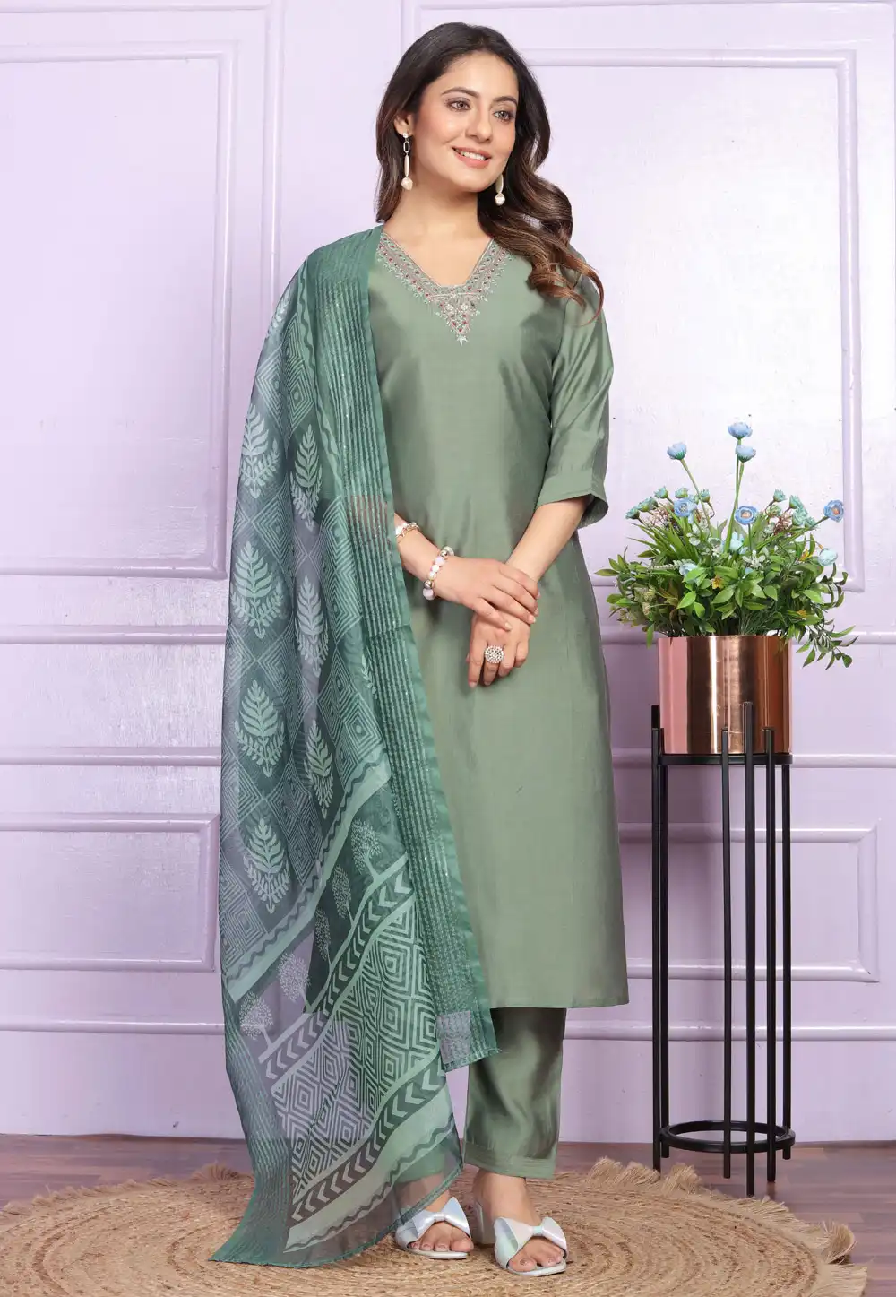 Green Silk Readymade Pakistani Suit 289130