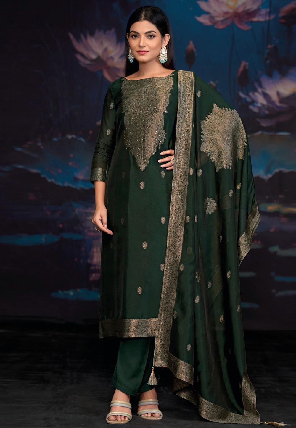 Green Silk Pakistani Suit 309501