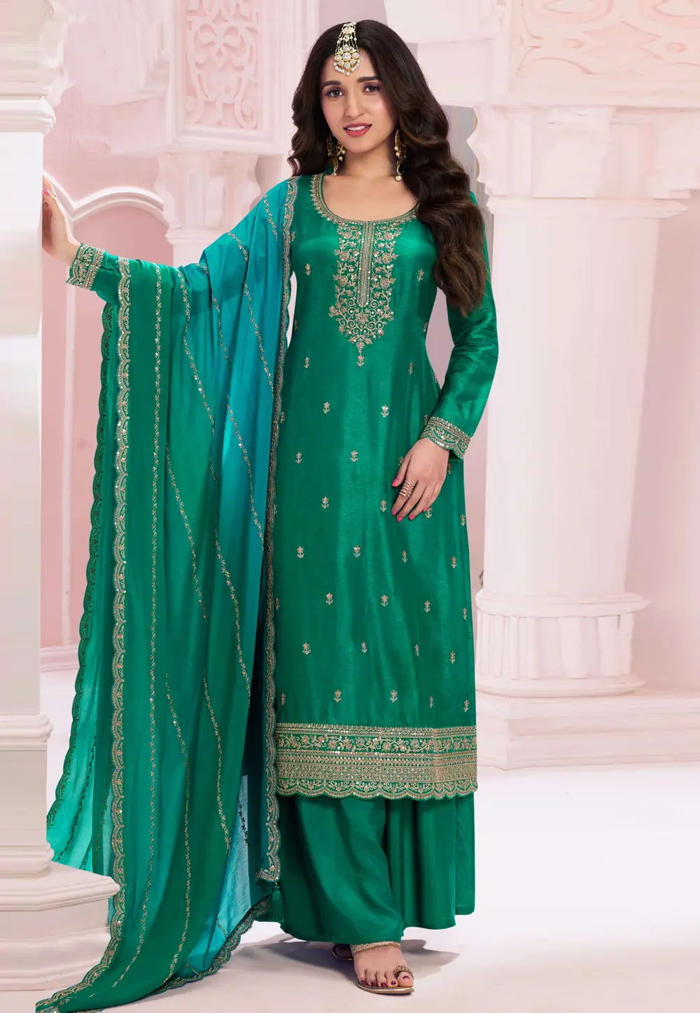 Green Silk Pakistani Suit 300393