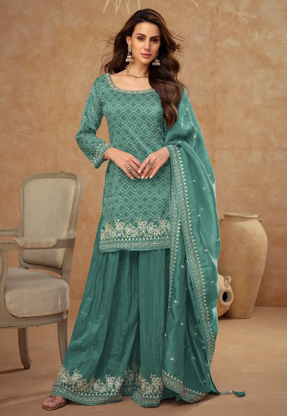 Green Silk Palazzo Suit 300620