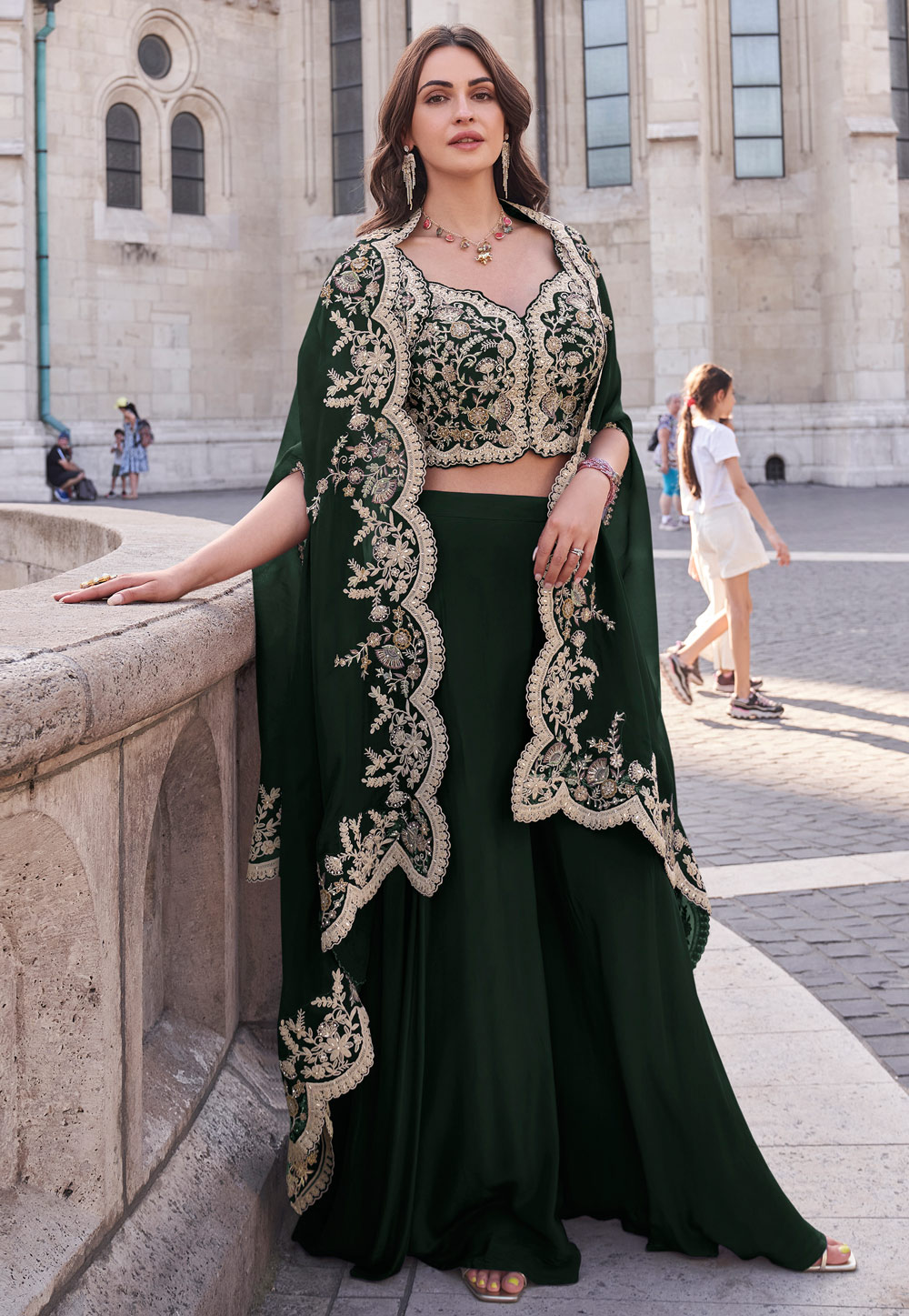 Green Silk Palazzo With Crop Top 305088