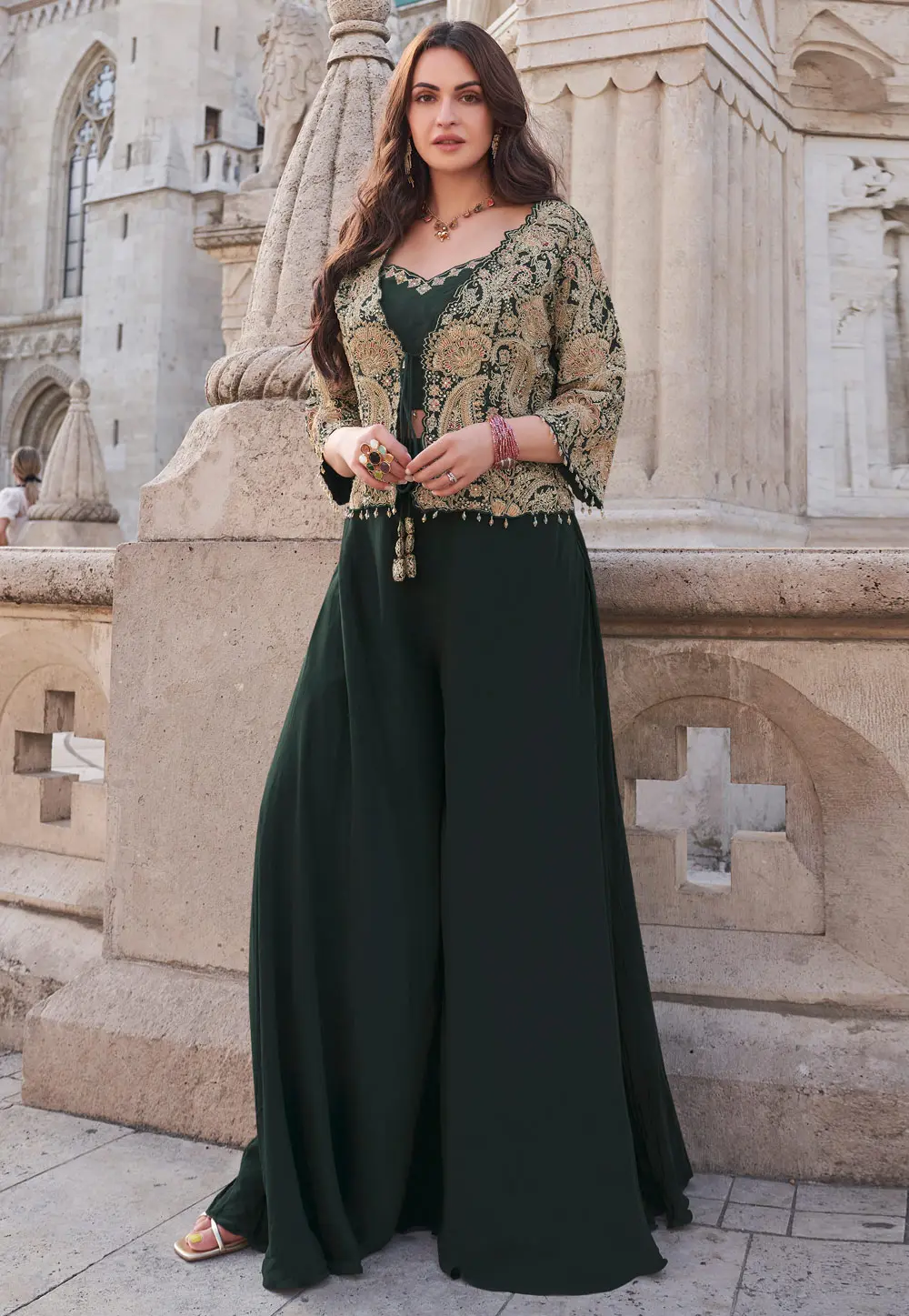 Green Silk Palazzo With Crop Top 299731