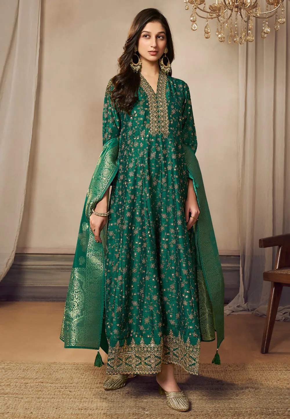 Green Silk Readymade Anarkali Suit 301615