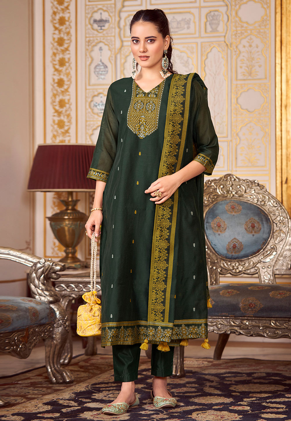 Green Silk Readymade Pakistani Suit 306284