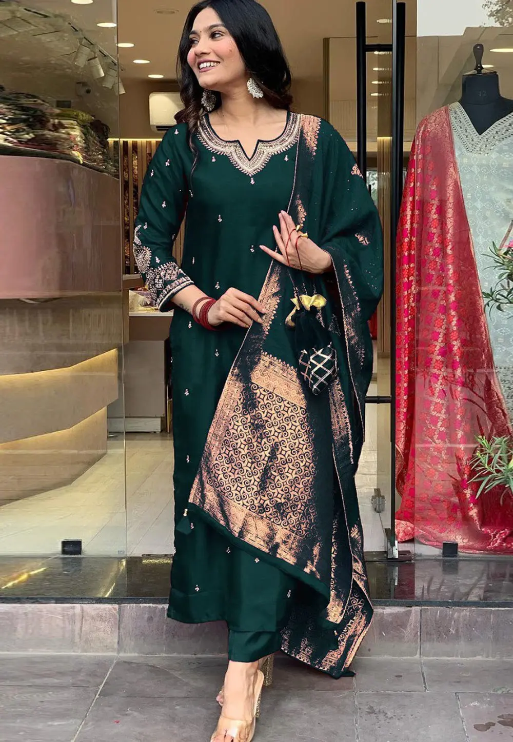 Green Silk Readymade Pakistani Suit 304403