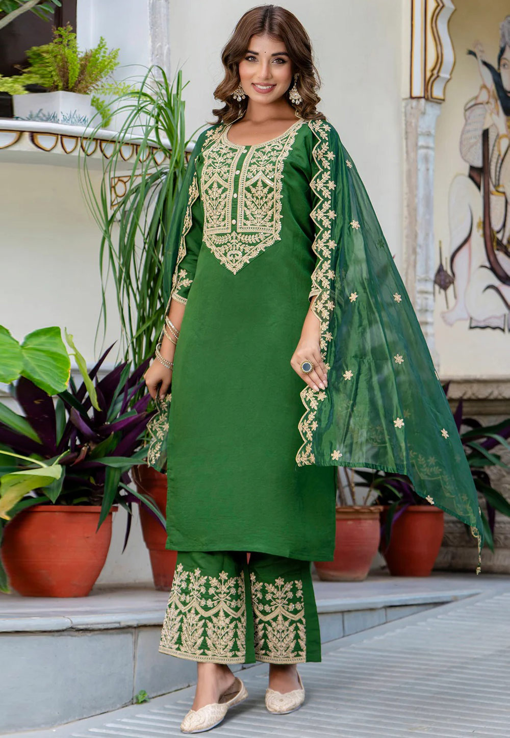 Green Silk Readymade Pakistani Suit 305700