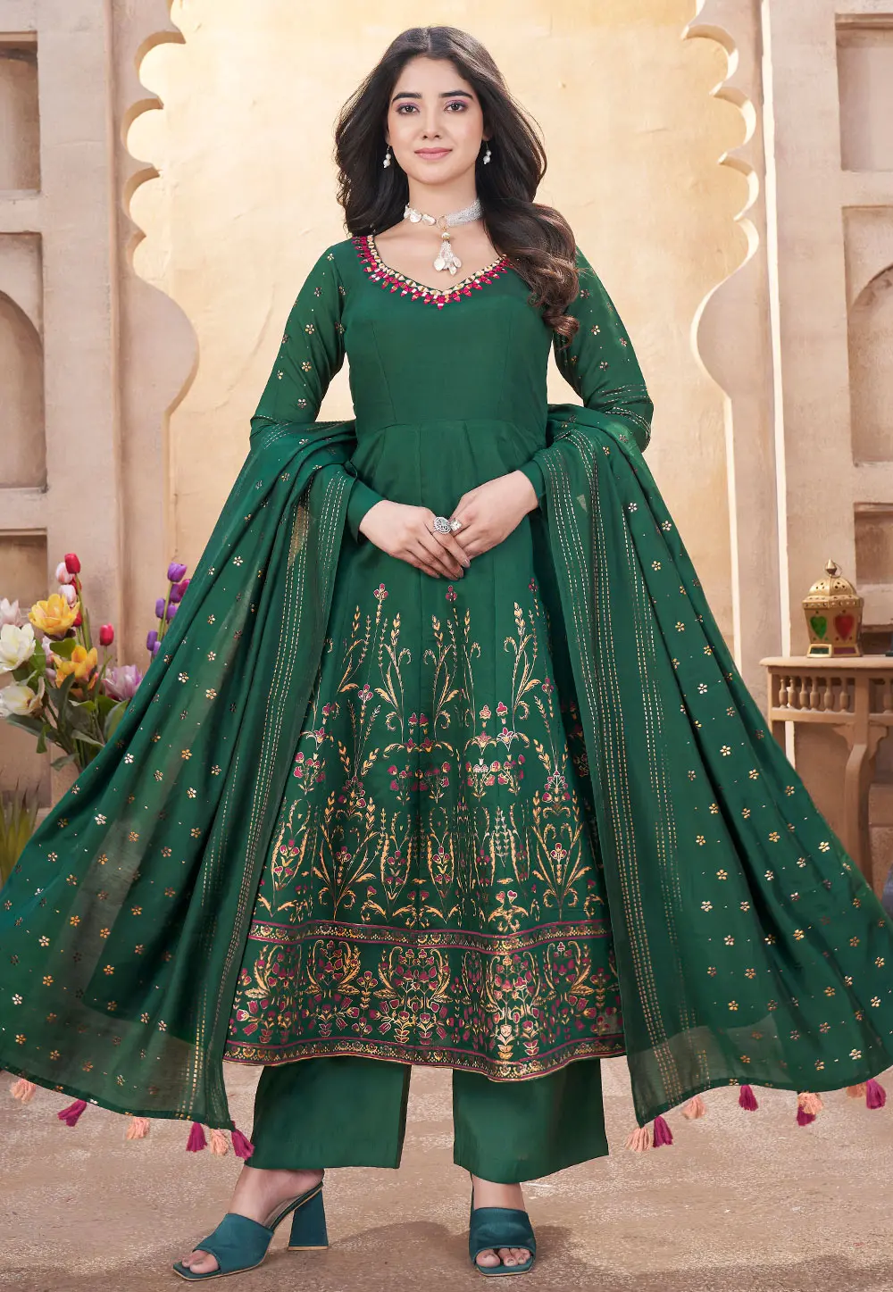 Green Silk Readymade Pakistani Suit 304795