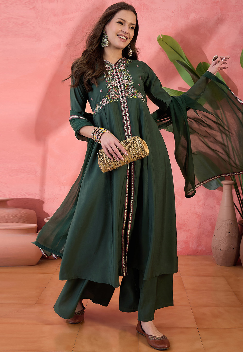 Green Silk Readymade Pakistani Suit 309157