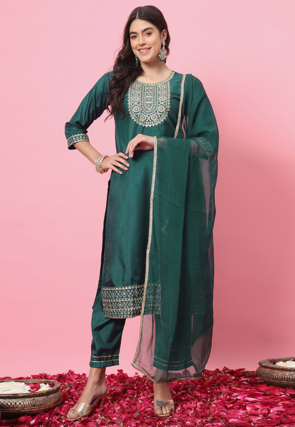 Green Silk Readymade Pakistani Suit 310860
