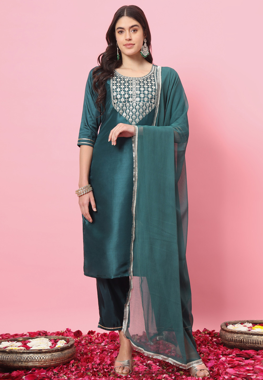 Green Silk Readymade Pakistani Suit 310864