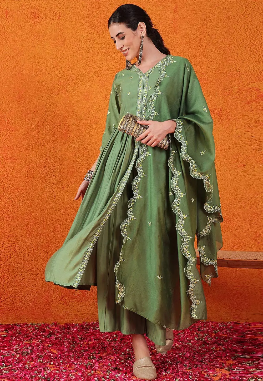 Green Silk Readymade Palazzo Suit 298932