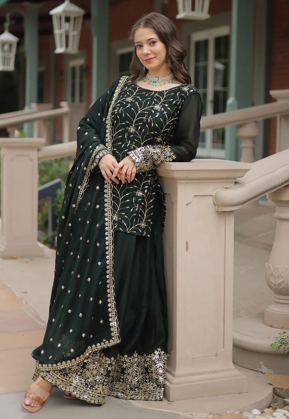 Green Silk Readymade Palazzo Suit 298662