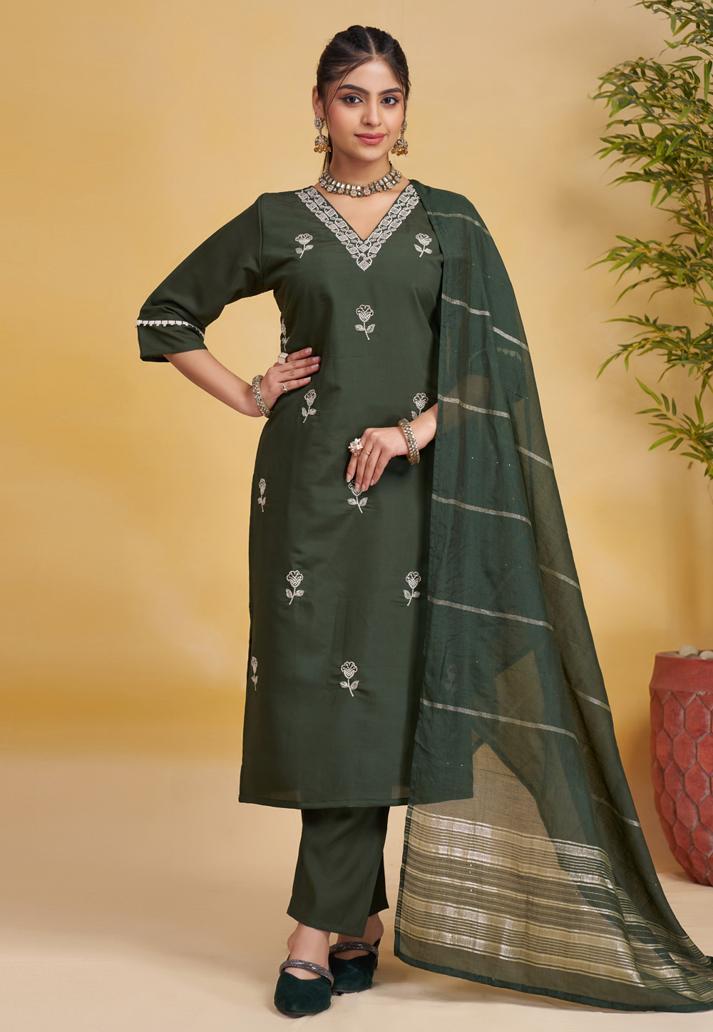 Green Silk Readymade Pant Style Suit 306268