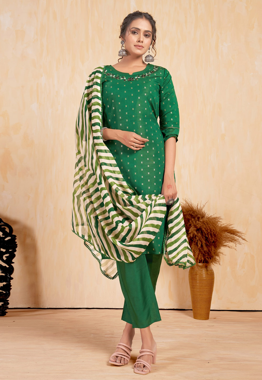 Green Silk Readymade Pant Style Suit 284663