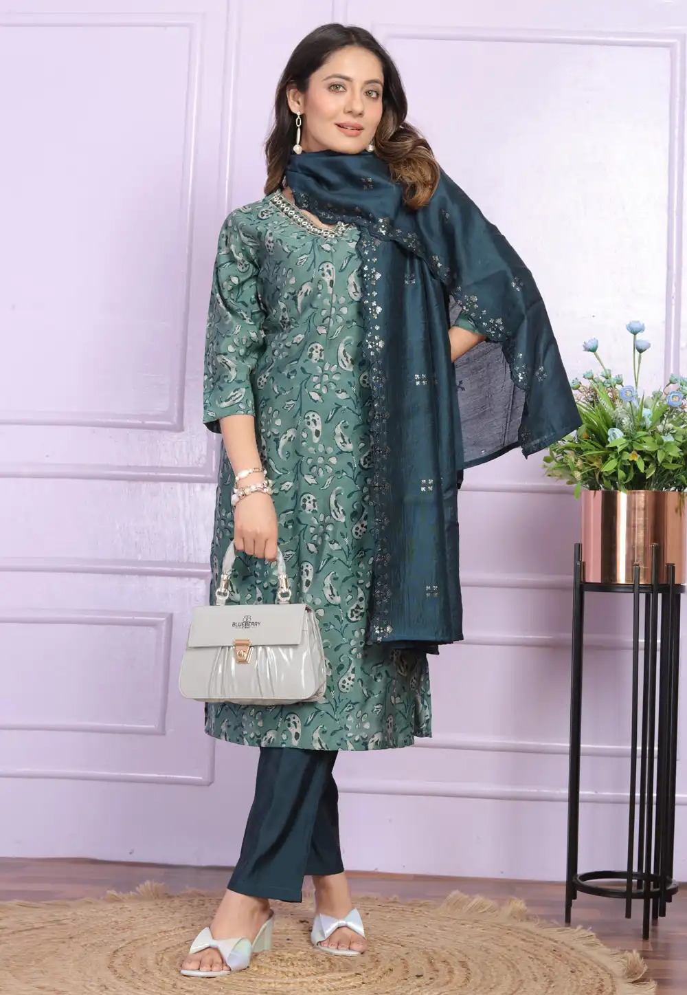 Green Silk Readymade Pant Style Suit 289437