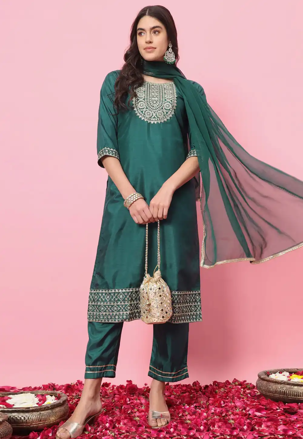 Green Silk Readymade Pant Style Suit 289468