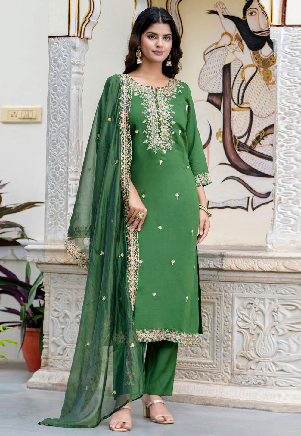 Green Silk Readymade Pant Style Suit 309215